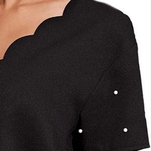 SHEIN black shift dress, scalloped top dress with pear sleeves.